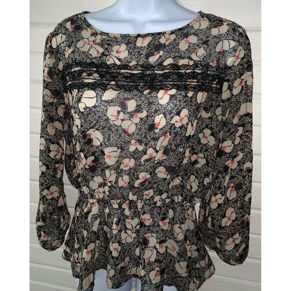 Lily Rose Sz MEDIUM Tunic Peplum Popover Black Scribble Floral Semi Sheer EUC - Picture 1 of 11